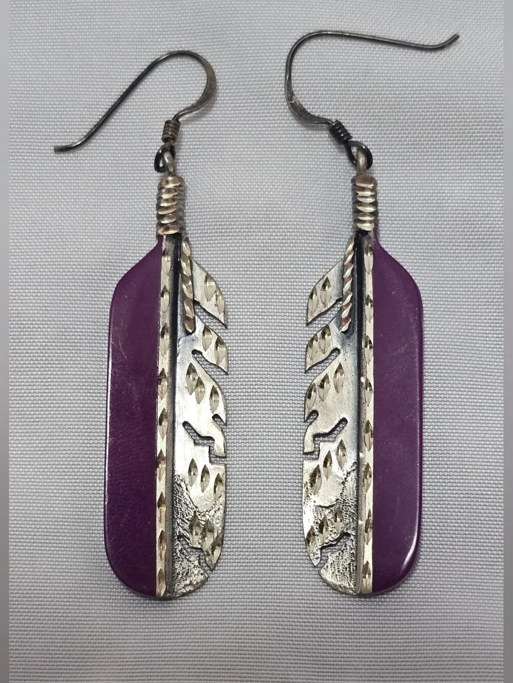 Vintage Sterling Silver Purple Feather Dangle Earrings